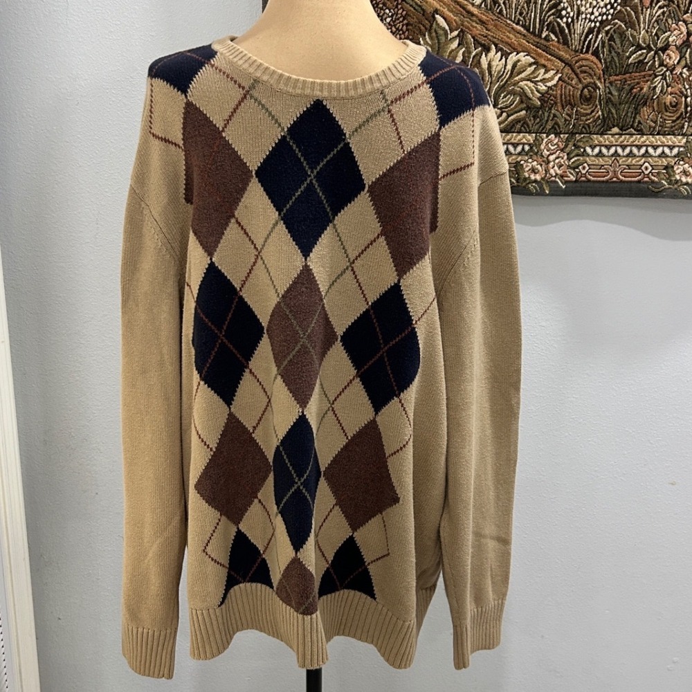Dockers Men's XL Tan Brown Navy Argyle Cotton Knit Crew‎ Neck Sweater